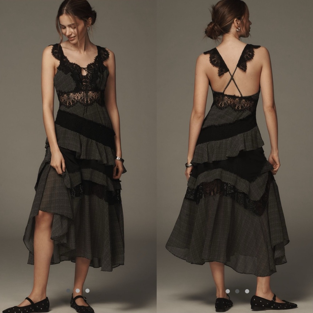 By Anthropologie Sleeveless Keyhole Tiered Lace MIDI dress